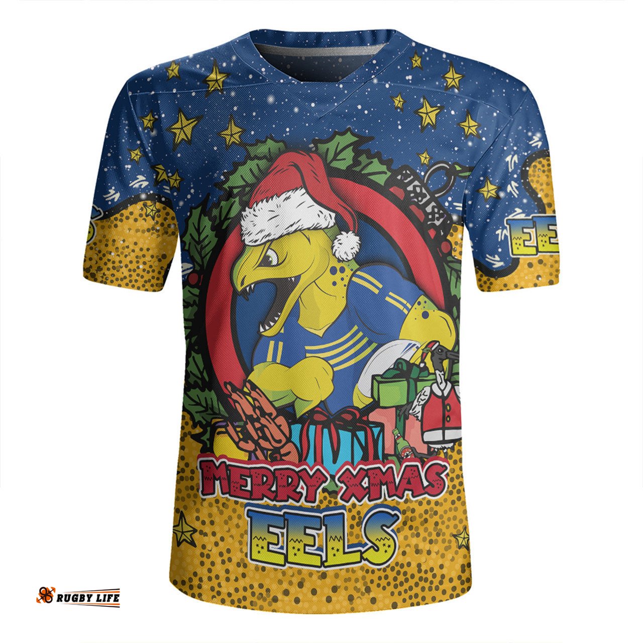 Parramatta Eels Christmas Custom V-Neck Rugby Jerseys - Merry Christmas Our Beloved Team With Aboriginal Dot Art Pattern V-Neck Rugby Jerseys