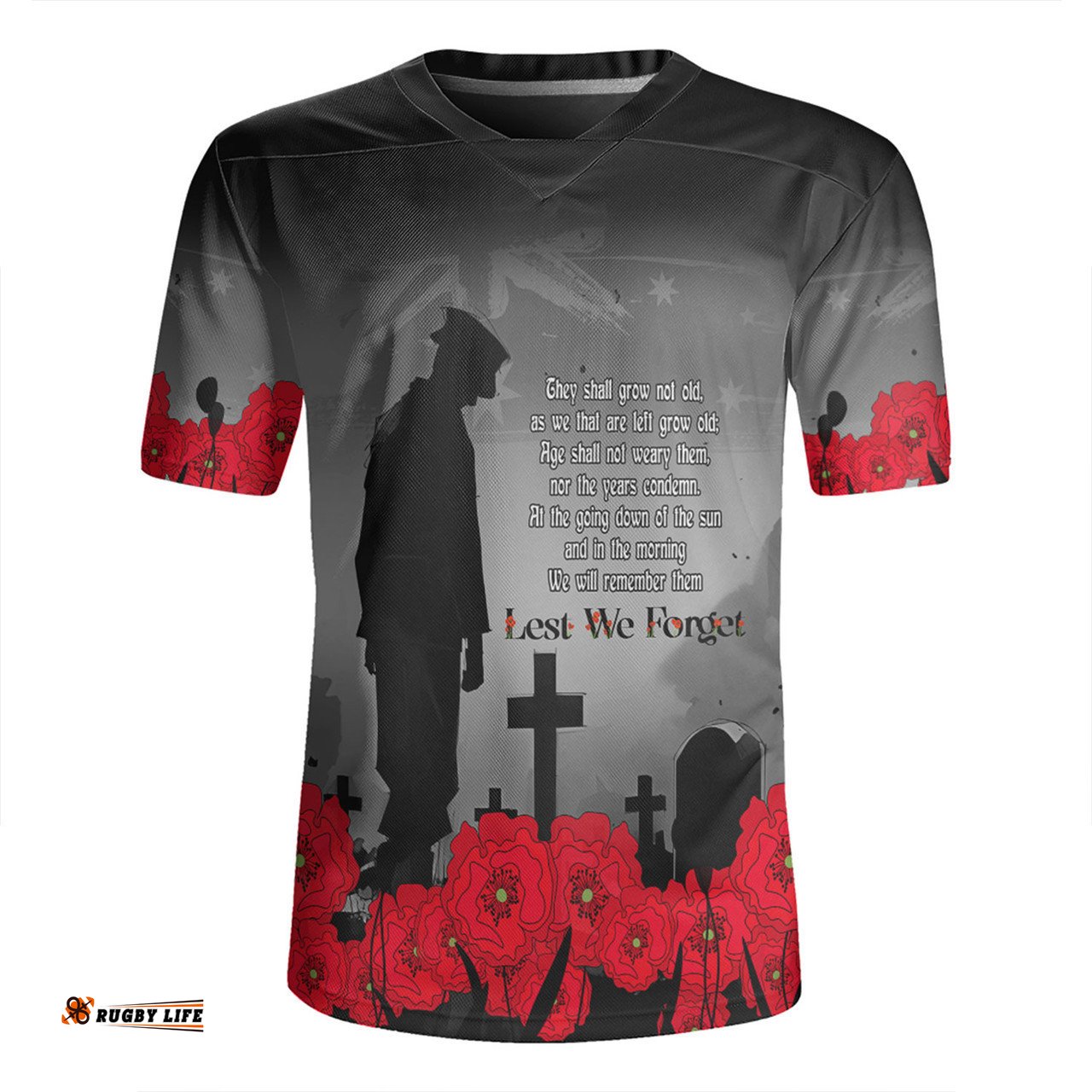 Australia Anzac Day Custom V-Neck Rugby Jerseys - Remembrance Day Soldier In A Red Poppies Field V-Neck Rugby Jerseys