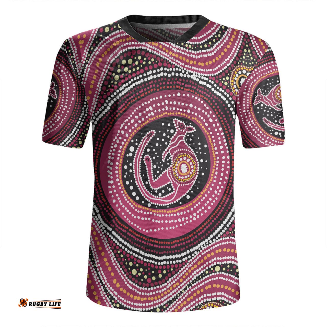 Australia Aboriginal V-Neck Rugby Jerseys - Aboriginal Background Featuring Kangaroo Dot Design V-Neck Rugby Jerseys