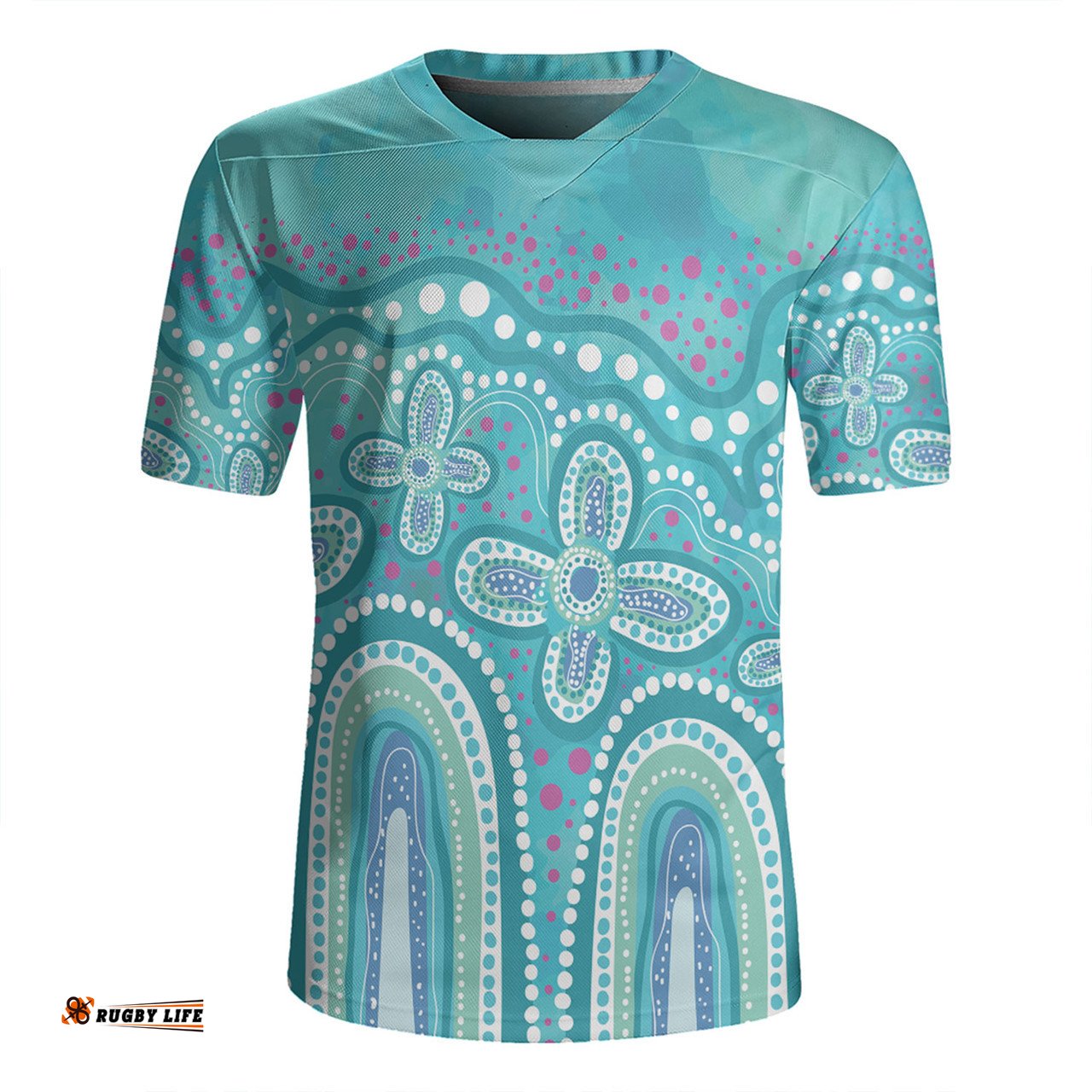 Australia Aboriginal V-Neck Rugby Jerseys - Dot painting illustration in Aboriginal style Turquoise V-Neck Rugby Jerseys