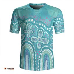 Australia Aboriginal V-Neck Rugby Jerseys - Dot painting illustration in Aboriginal style Turquoise V-Neck Rugby Jerseys