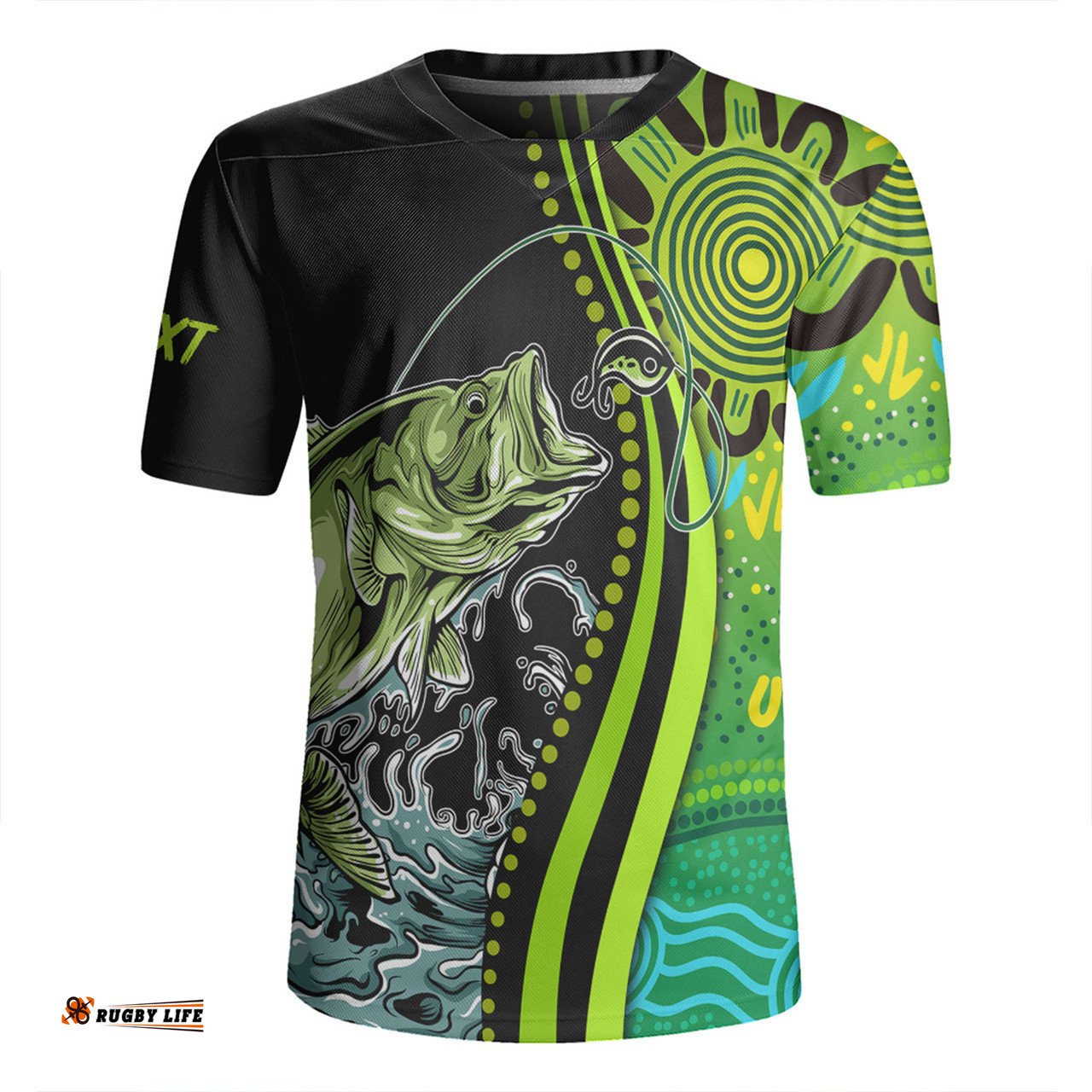 Australia Fishing Aboriginal Fishing Custom V-Neck Rugby Jerseys - Rise And Shine A Bass Fish Jumps Out Of Water And Aboriginal Patterns Inspired V-Neck Rugby Jerseys