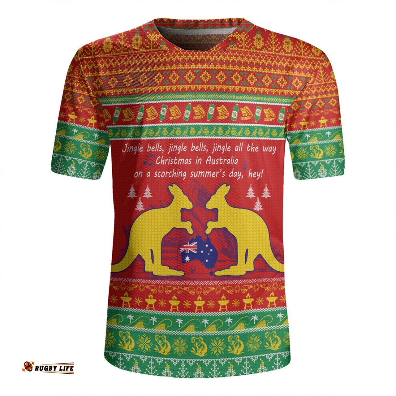 Australian Christmas Carol Christmas V-Neck Rugby Jerseys - Jingle Bells Ugly Style V2 V-Neck Rugby Jerseys