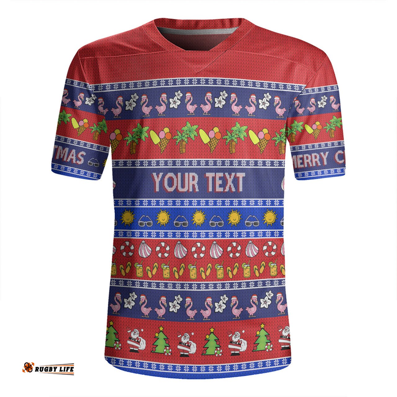Australia Christmas Custom V-Neck Rugby Jerseys - Aussie Christmas Flamingo Summer Vibes Blue V-Neck Rugby Jerseys