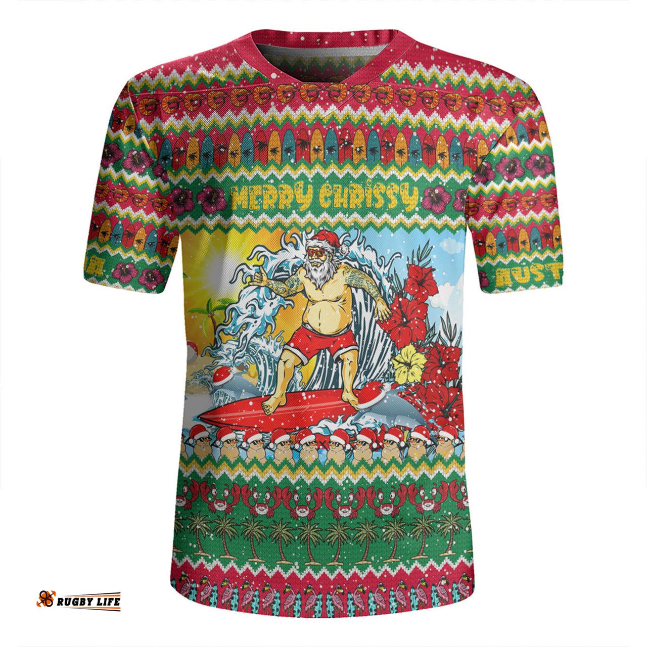 Australia Christmas Custom V-Neck Rugby Jerseys - Surfing Santa V-Neck Rugby Jerseys