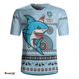 Cronulla-Sutherland Sharks Christmas Custom V-Neck Rugby Jerseys - Ugly Xmas And Aboriginal Patterns For Die Hard Fan V-Neck Rugby Jerseys