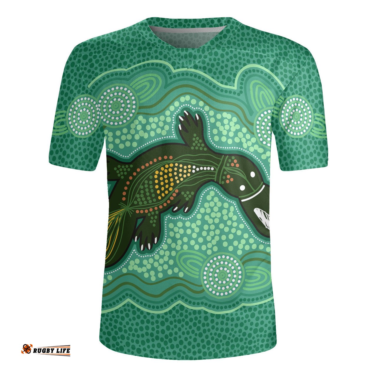 Australia Aboriginal V-Neck Rugby Jerseys - Aboriginal Green Platypus Art Inspired Design V-Neck Rugby Jerseys