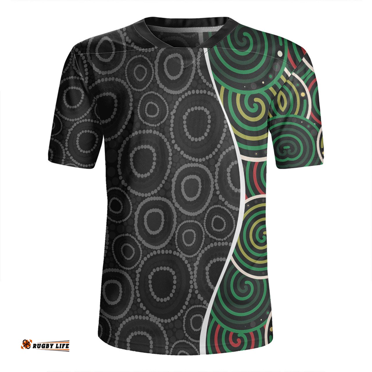 Australia Aboriginal V-Neck Rugby Jerseys - Green Dot Art Circle Pattern From Aboriginal Art V-Neck Rugby Jerseys