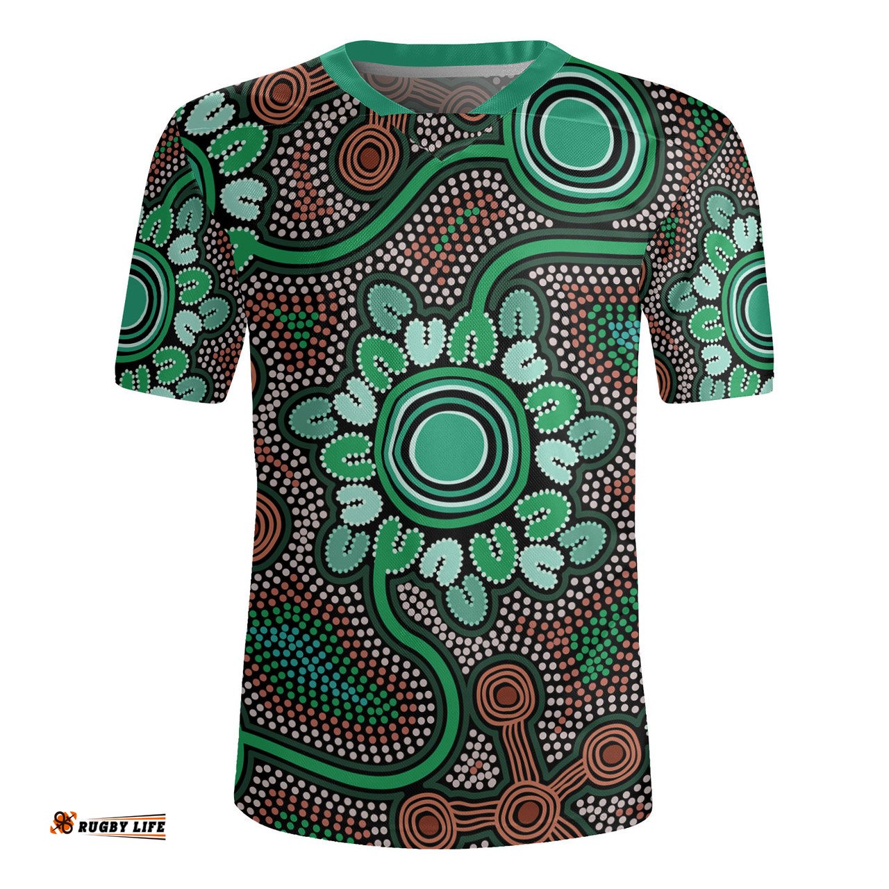 Australia Aboriginal V-Neck Rugby Jerseys - Aboriginal Green Dot Art Inspired Design V-Neck Rugby Jerseys