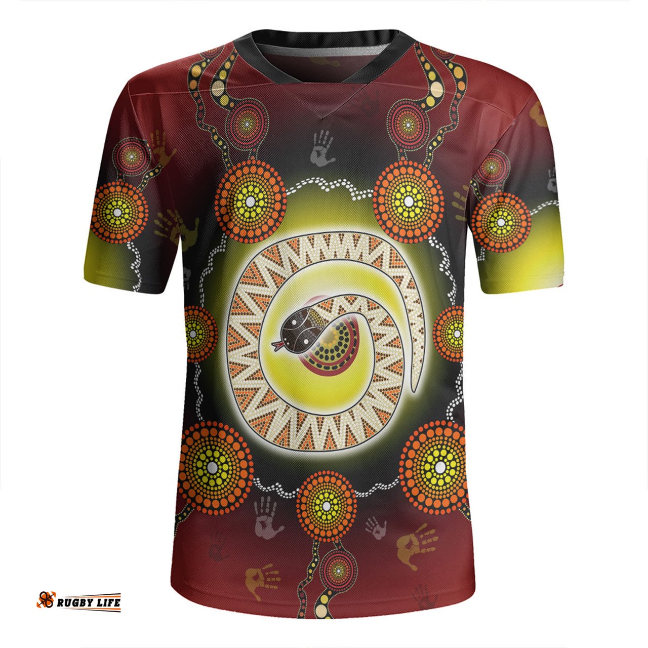 Australia Aboriginal Custom V-Neck Rugby Jerseys - The Rainbow Serpent Dreaming Spirit Art V-Neck Rugby Jerseys