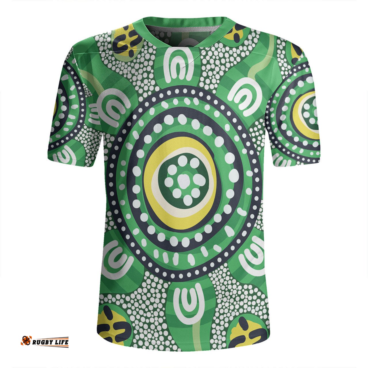 Australia Dot Painting Inspired Aboriginal V-Neck Rugby Jerseys - Green Aboriginal Inspired Dot Art V-Neck Rugby Jerseys
