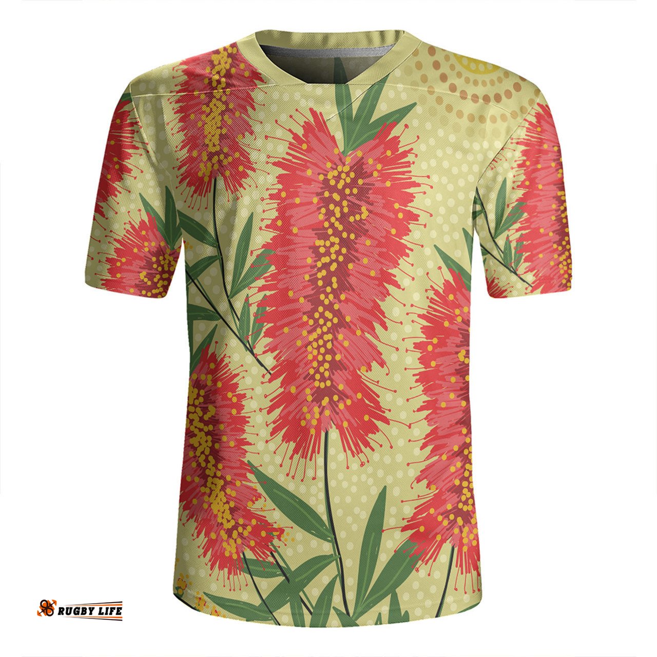 Australia Flowers Aboriginal V-Neck Rugby Jerseys - Aboriginal Painting Red Bottle Brush Tree V-Neck Rugby Jerseys