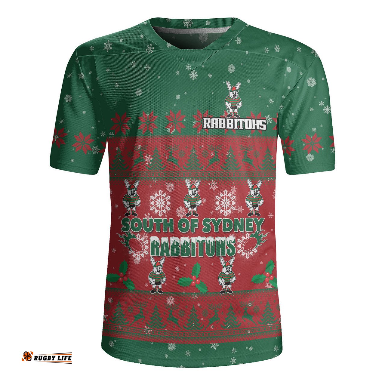 South Sydney Rabbitohs Custom V-Neck Rugby Jerseys - Special Ugly Christmas V-Neck Rugby Jerseys