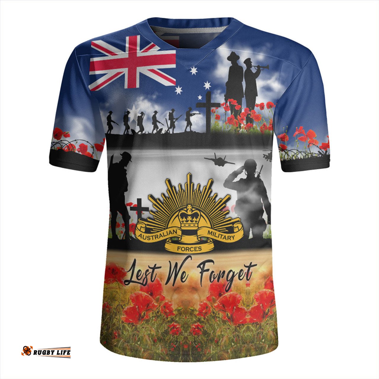 Australia V-Neck Rugby Jerseys Lest We Forget Poppies And Soldiers Army Style