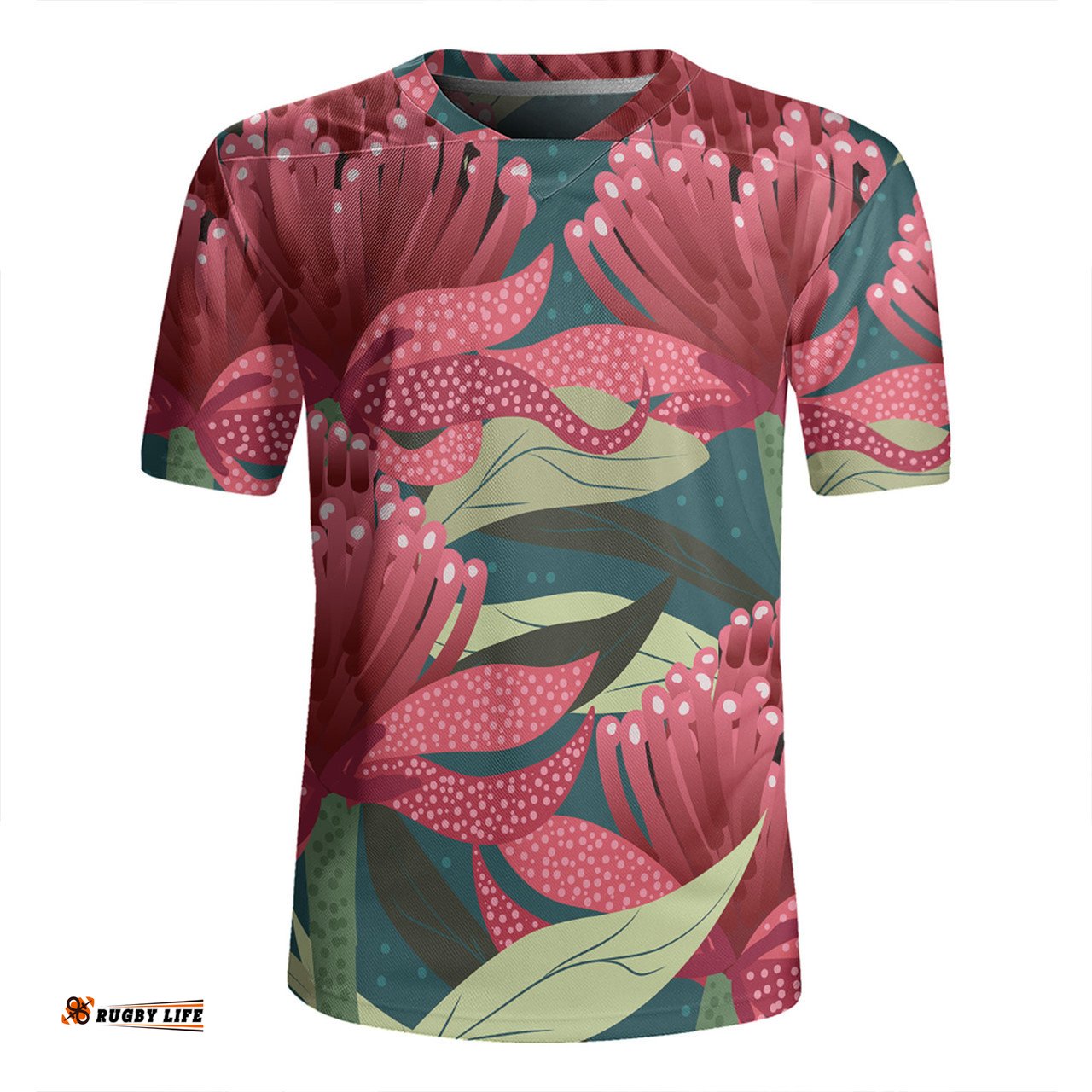 Australia Flowers Aboriginal V-Neck Rugby Jerseys - Australian Waratah Flowers Painting In Aboriginal Style V-Neck Rugby Jerseys