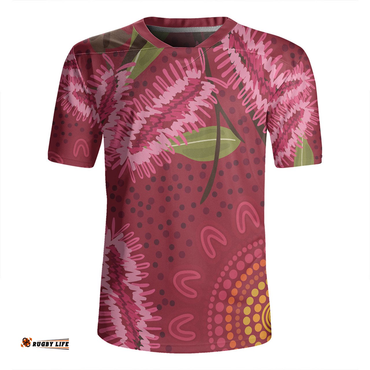 Australia Flowers Aboriginal V-Neck Rugby Jerseys - Pink Bottle Brush Flora In Indigenous Painting V-Neck Rugby Jerseys