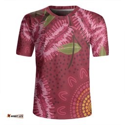 Australia Flowers Aboriginal V-Neck Rugby Jerseys - Pink Bottle Brush Flora In Indigenous Painting V-Neck Rugby Jerseys