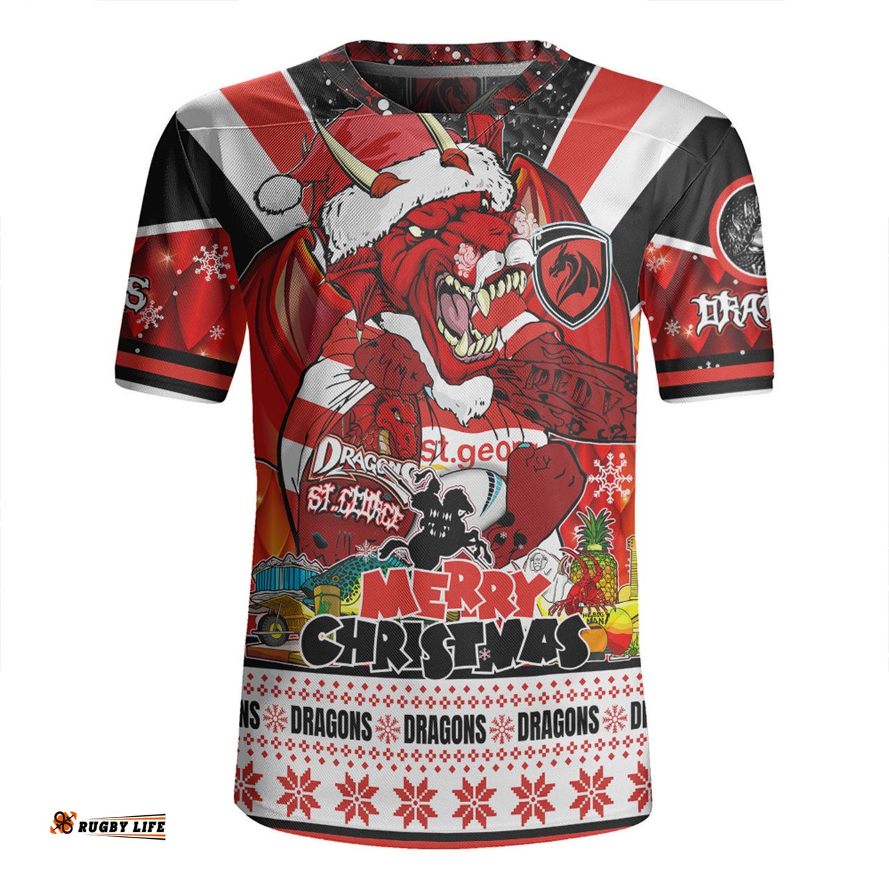 St. George Illawarra Dragons Christmas Custom V-Neck Rugby Jerseys - Dragons Santa Aussie Big Things V-Neck Rugby Jerseys