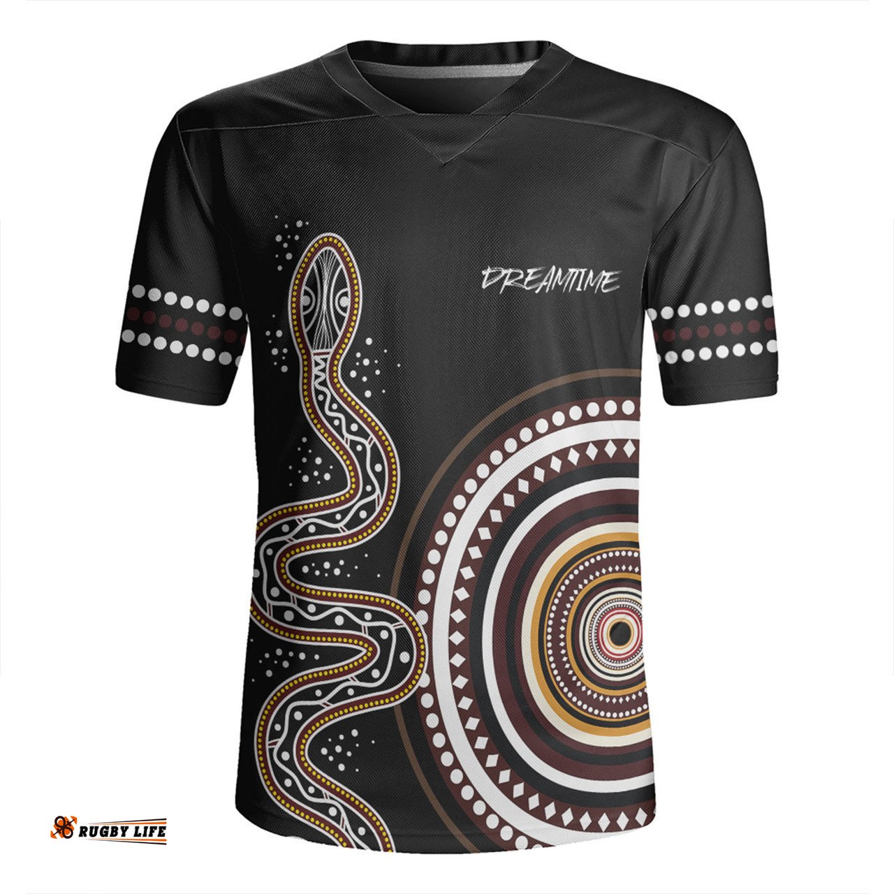 Australia Rainbow Serpent Aboriginal Custom V-Neck Rugby Jerseys - Dreamtime Mother of Life Black V-Neck Rugby Jerseys