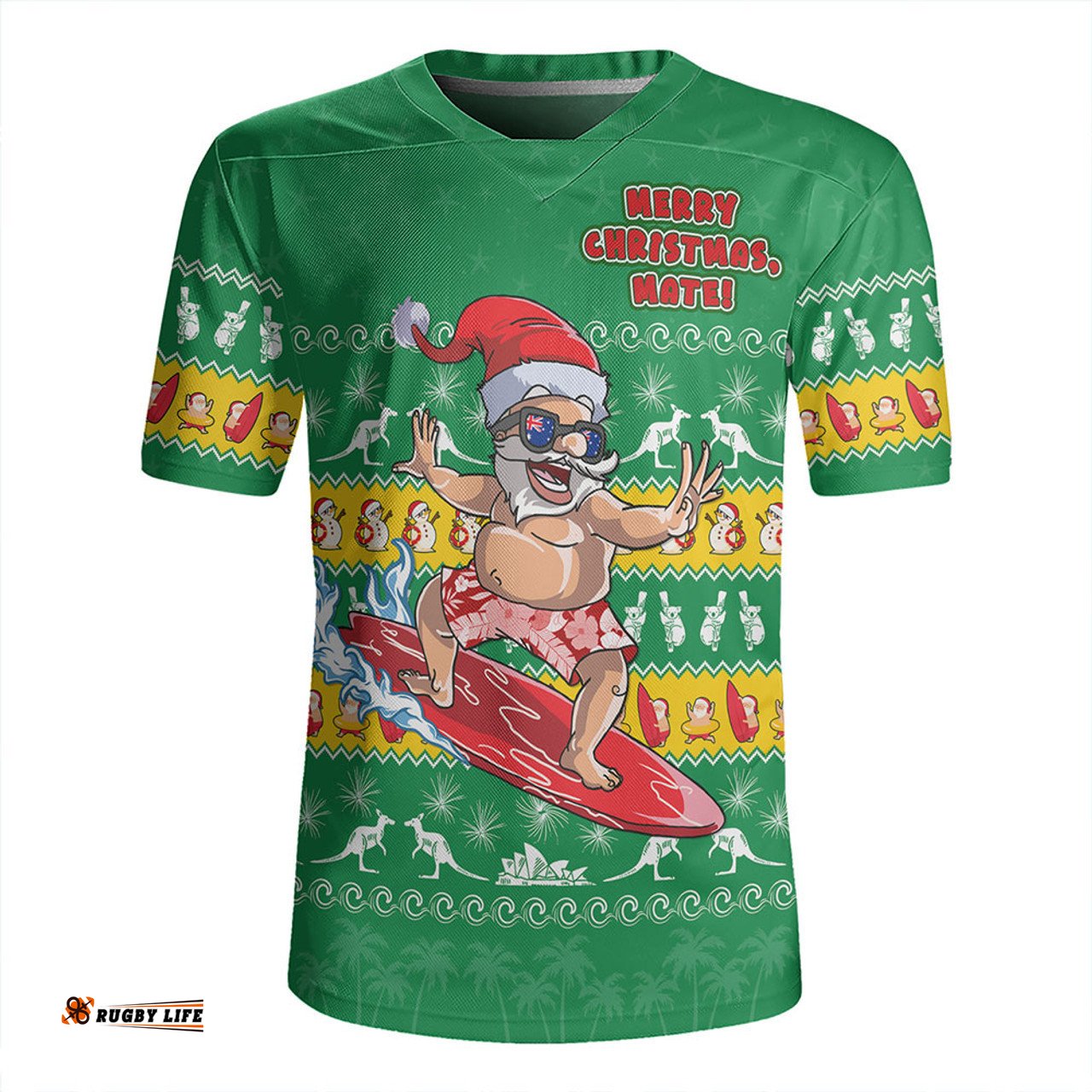 Australia Merry Christmas Mate Surf's Up Santa Green Rugby Jersey