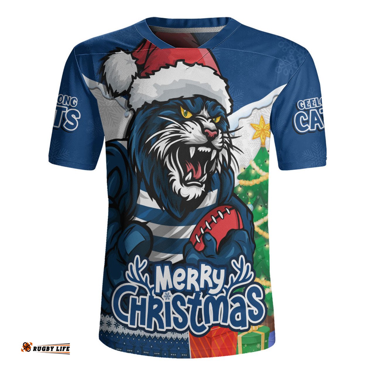 Geelong Cats Santa Scoring Touchdown On Christmas Game Day Rugby Jersey