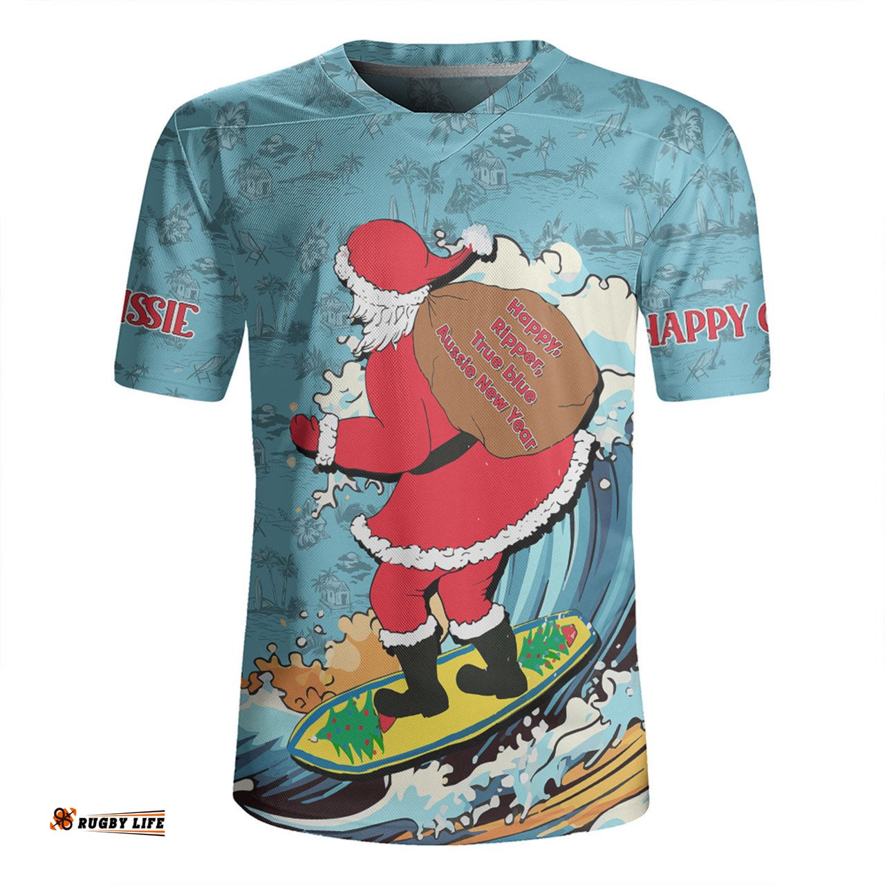 Australia Surfing Christmas Santa Happy Chrissie Tropical Pattern Rugby Jersey
