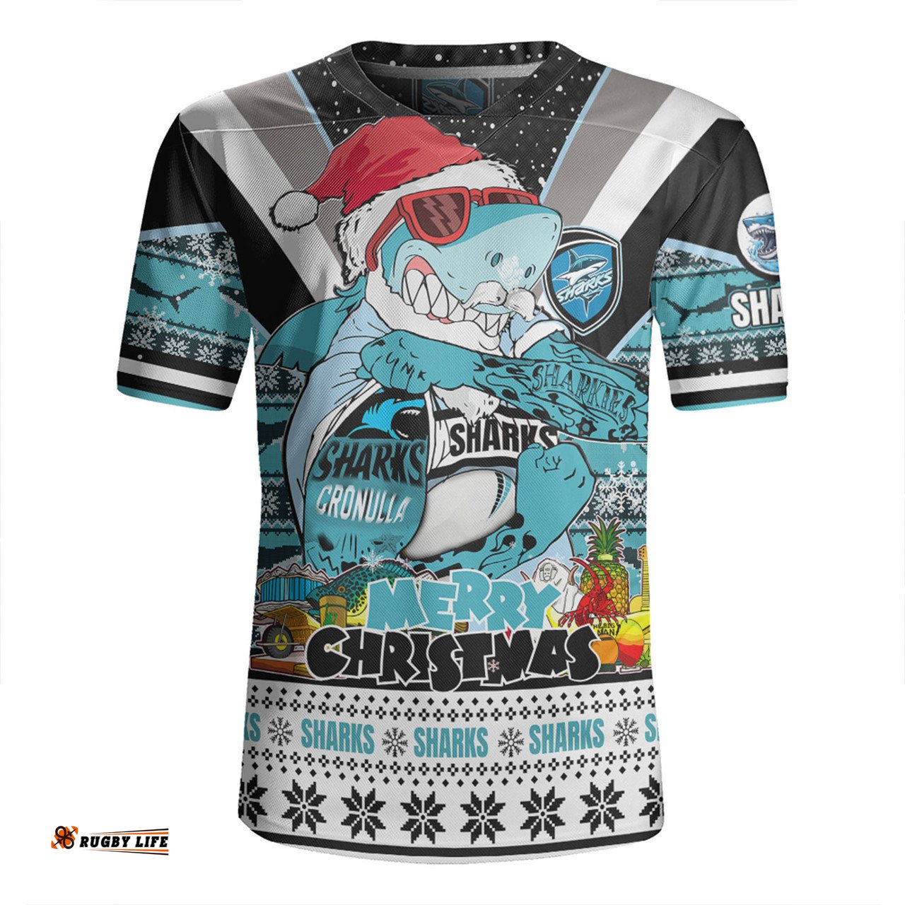 Cronulla Sutherland Sharks Christmas Custom Sharks Santa Aussie Big Things Rugby Jersey