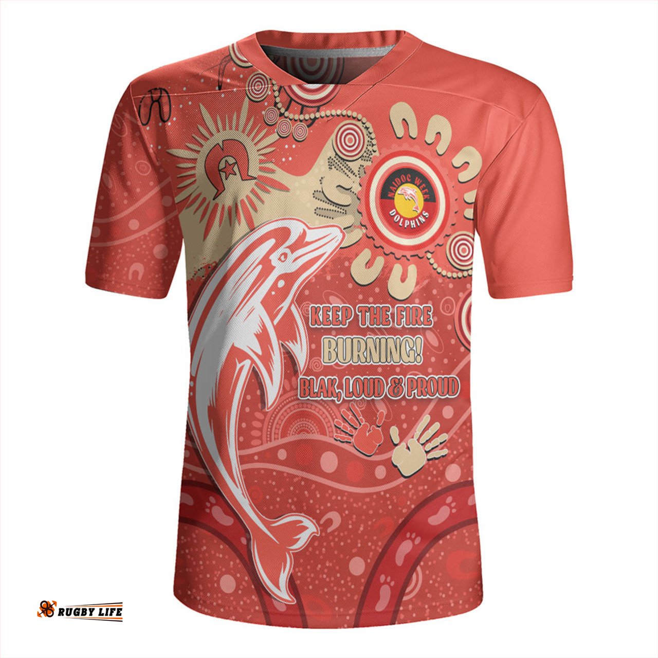 Redcliffe Dolphins Aboriginal Indigenous Naidoc Week Dreamtime Dot Painting With Flag Rugby Jersey