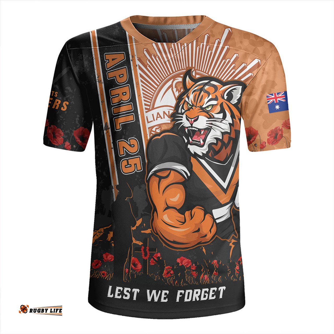 Wests Tigers Anzac Day Lest We Forget Strong Fighting Spirit Rugby Jersey