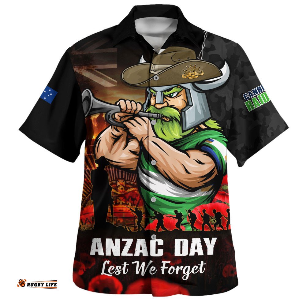 RugbyLife Shop Canberra Raiders Hawaiian Shirt Anzac Day Rising Dawn Ceremony Lest We Forget Courage