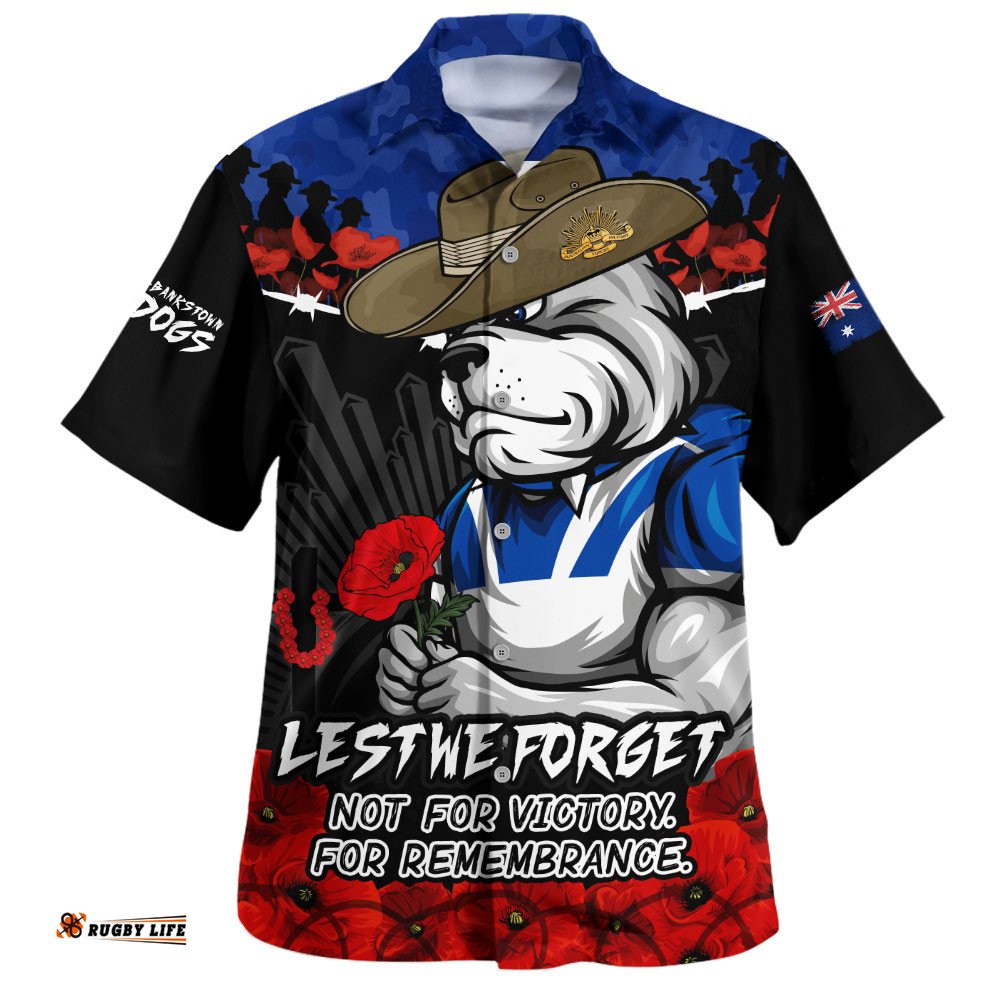 RugbyLife Shop Canterbury-Bankstown Bulldogs Hawaiian Shirt ANZAC Day Red Poppy And Brave Hearts Remembrance