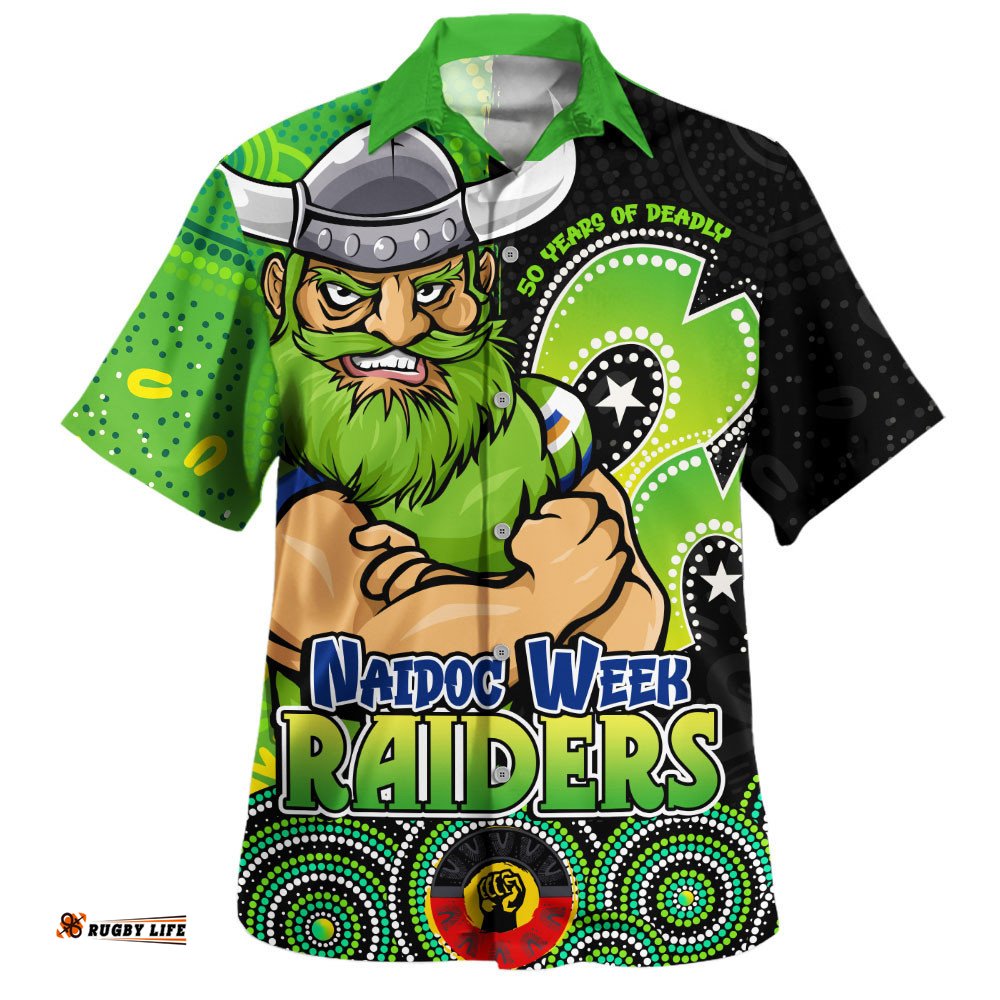 RugbyLife Shop Canberra Raiders Hawaiian Shirt NAIDOC Week 50 Years Of Deadly Indigenous Pattern