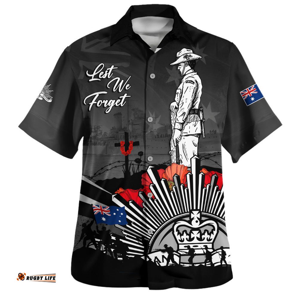 RugbyLife Shop Australia Hawaiian Shirt Anzac Day In Memory Of Brave Servicemen Black