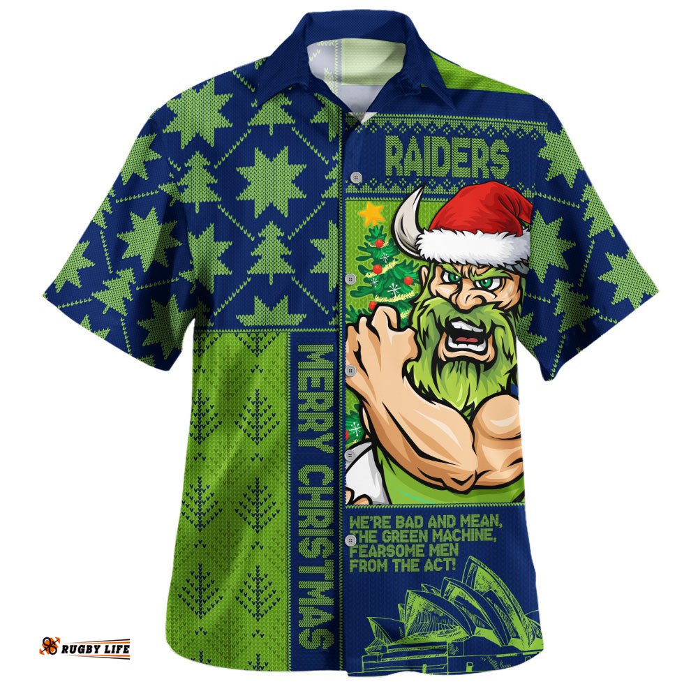 RugbyLife Shop Canberra Raiders Hawaiian Shirt Christmas Magic Knit Style Winter Glow