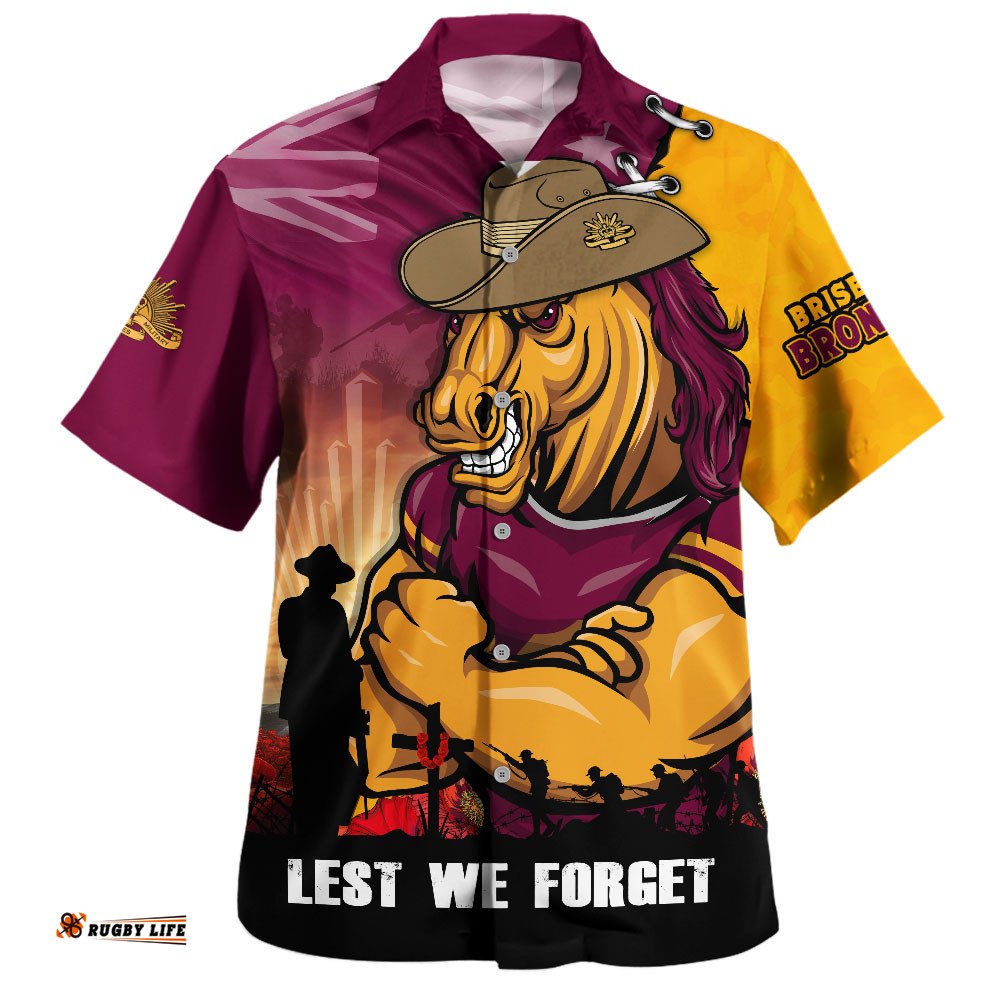 RugbyLife Shop Brisbane Broncos Hawaiian Shirt Anzac Day Lest We Forget Silent Dawn