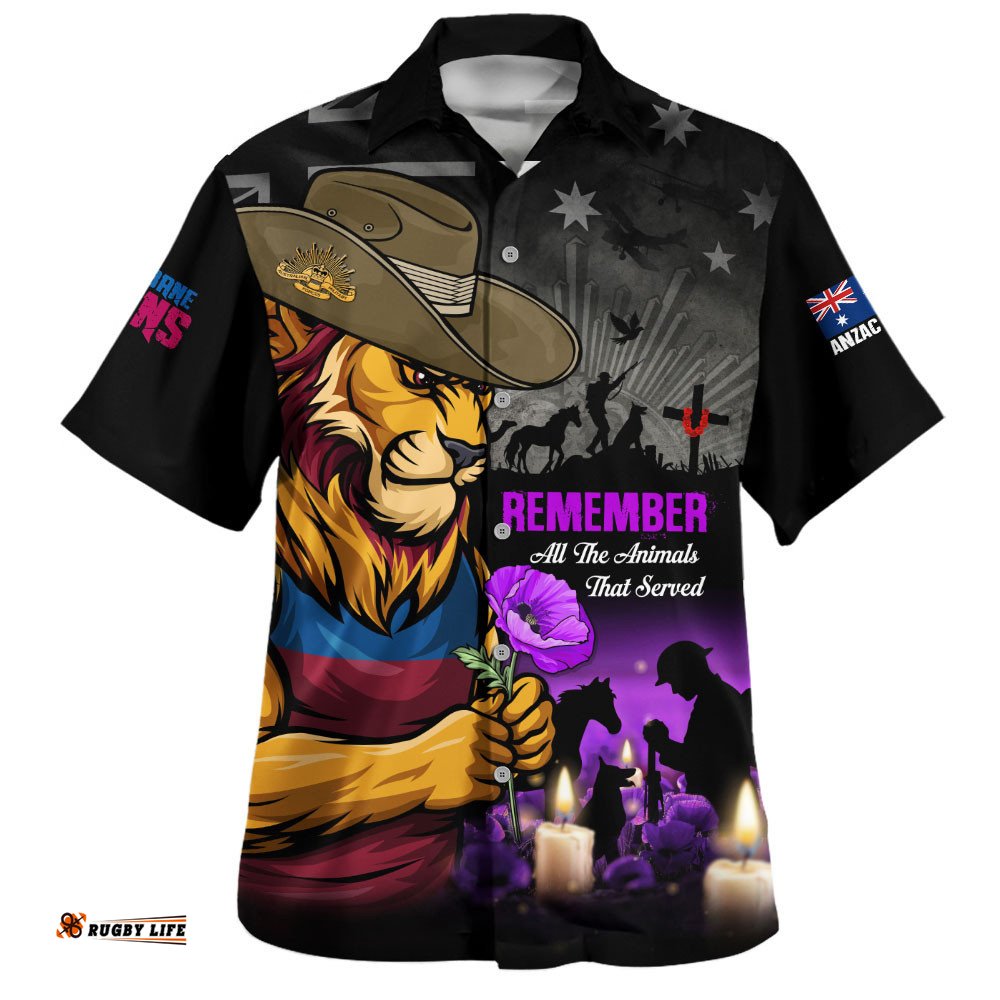 RugbyLife Shop Brisbane Lions Hawaiian Shirt Anzac Day In Memory Of Animals That Served