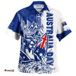 RugbyLife Shop Australia Hawaiian Shirt Australia Day Kangaroo Surfboard Blue Skyline Celebration