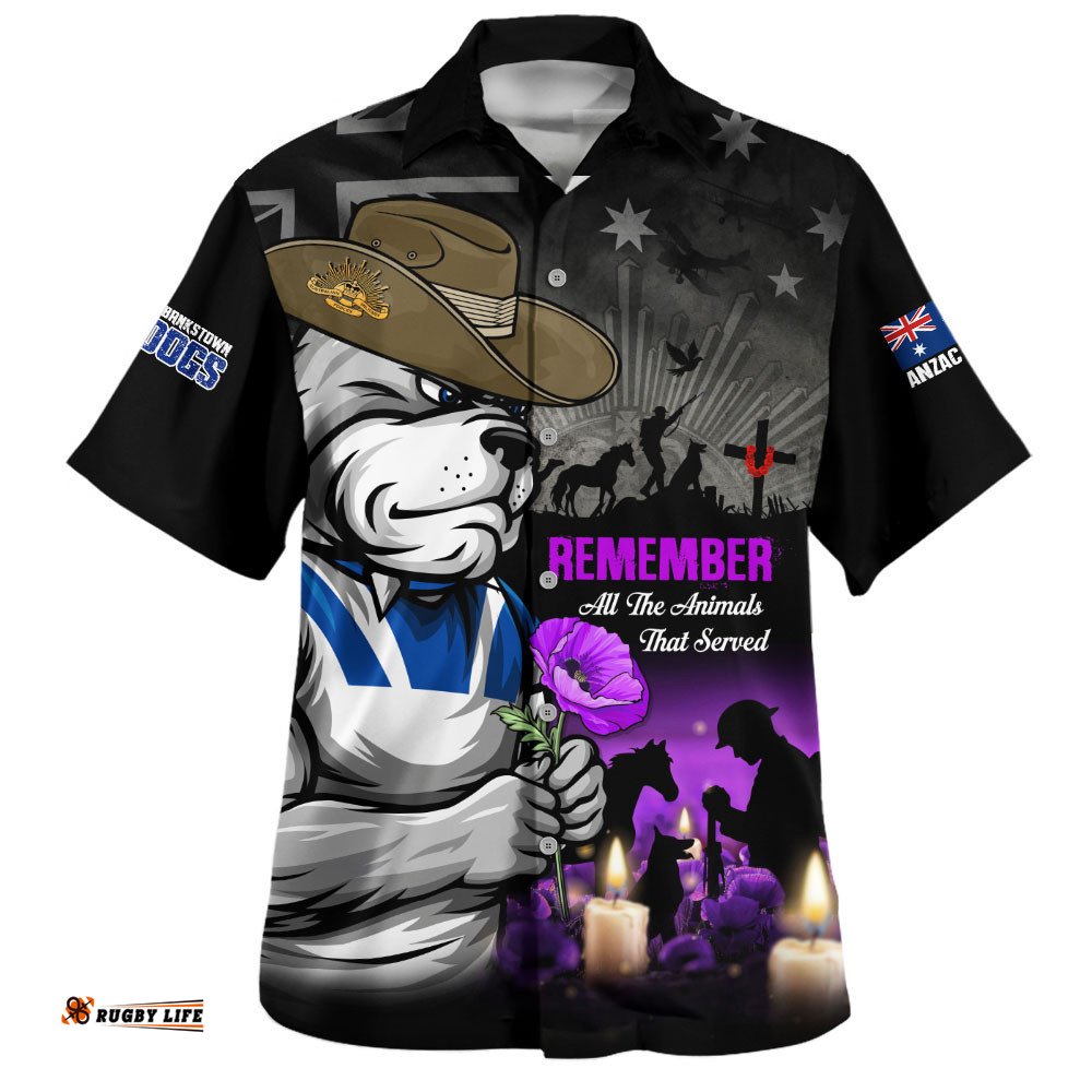 RugbyLife Shop Canterbury-Bankstown Bulldogs Hawaiian Shirt Anzac Day Purple Poppy And Animals That Served