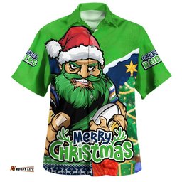 RugbyLife Shop Canberra Raiders Hawaiian Shirt Santa Scoring Touchdown On Christmas Game Day