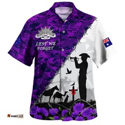 RugbyLife Shop Australia Hawaiian Shirt Anzac Day Two Sides Of Service Purple Poppy Remembrance