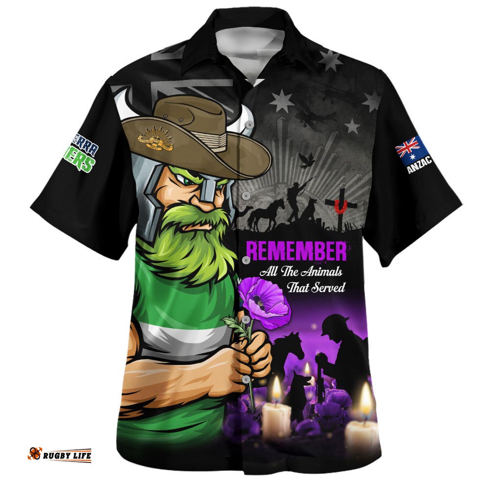 RugbyLife Shop Canberra Raiders Hawaiian Shirt Anzac Day Purple Poppy And Animals That Served