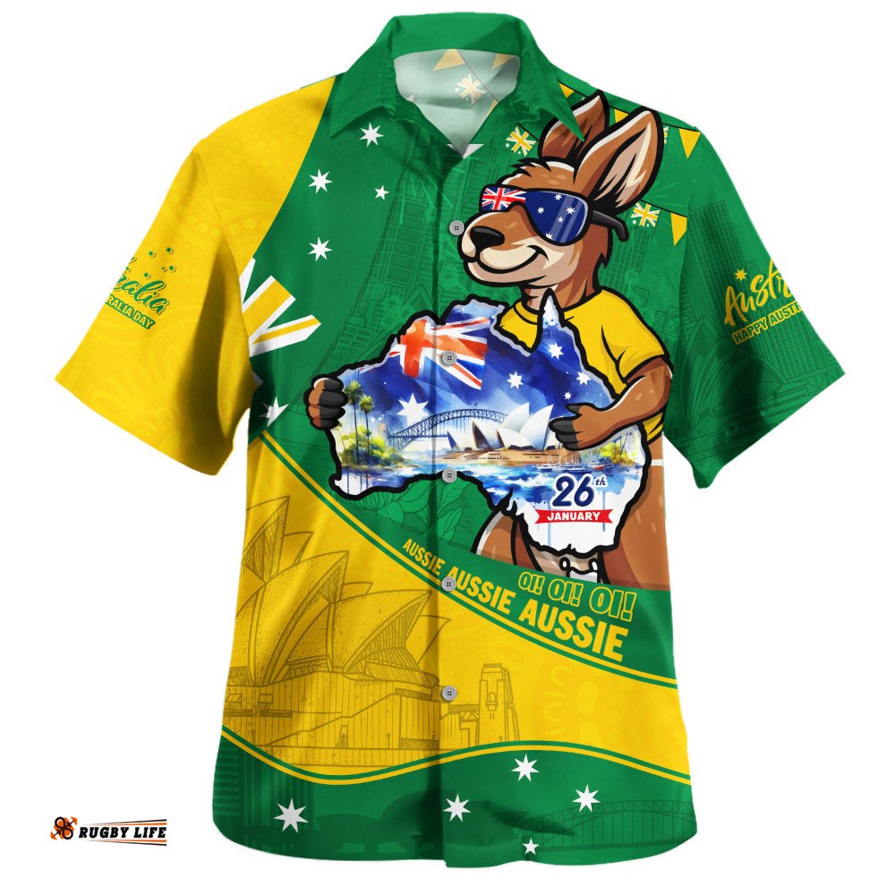 RugbyLife Shop Australia Hawaiian Shirt Australia Day Kangaroo Green Gold Spirit 26 January Holiday