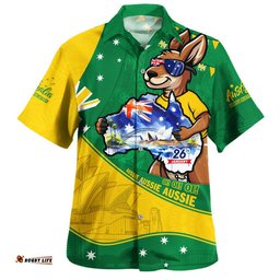 RugbyLife Shop Australia Hawaiian Shirt Australia Day Kangaroo Green Gold Spirit 26 January Holiday