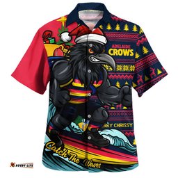 RugbyLife Shop Adelaide Crows Hawaiian Shirt Christmas Holiday Santa Rides The Waves