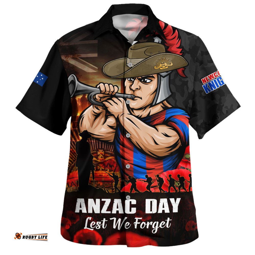 RugbyLife Shop Newcastle Knights Hawaiian Shirt Anzac Day Rising Dawn Ceremony Lest We Forget Courage