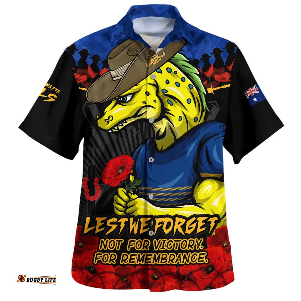 RugbyLife Shop Parramatta Eels Hawaiian Shirt ANZAC Day Red Poppy And Brave Hearts Remembrance