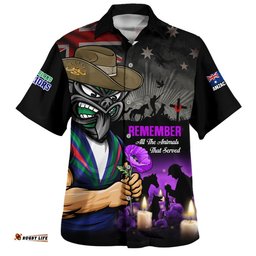 RugbyLife Shop New Zealand Warriors Hawaiian Shirt Anzac Day Purple Poppy And Animals That Served
