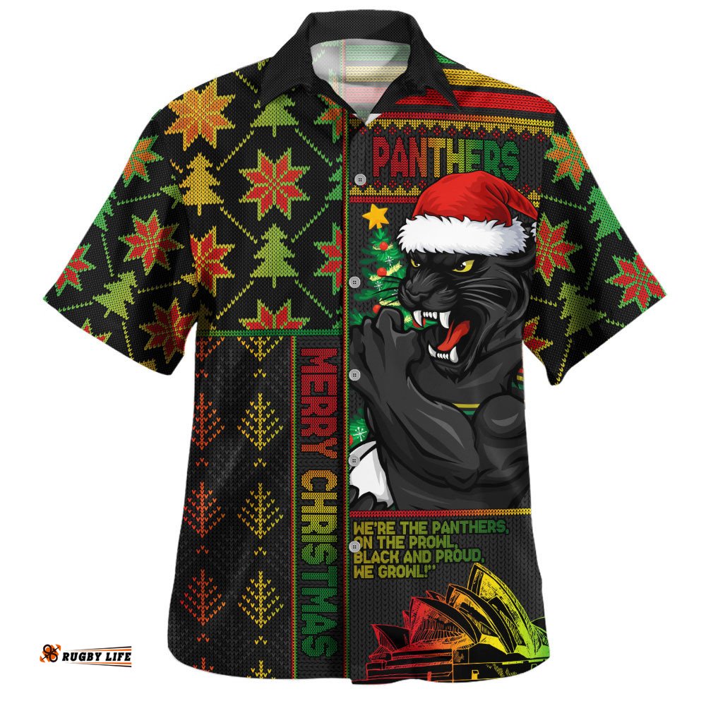 RugbyLife Shop Penrith Panthers Hawaiian Shirt Christmas Magic Knit Style Winter Glow