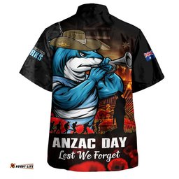 RugbyLife Shop Cronulla-Sutherland Sharks Hawaiian Shirt Anzac Day Rising Dawn Ceremony Lest We Forget Courage
