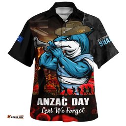 RugbyLife Shop Cronulla-Sutherland Sharks Hawaiian Shirt Anzac Day Rising Dawn Ceremony Lest We Forget Courage